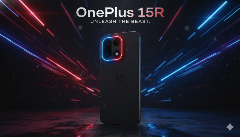 OnePlus 15R Flash White variant highlighting 7,800mAh battery and Snapdragon 8 Elite for India launch